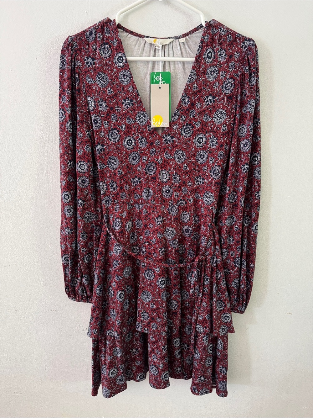 Boden Burgundy Floral V-Neck Tiered Long-Sleeve Dress Sz 4P